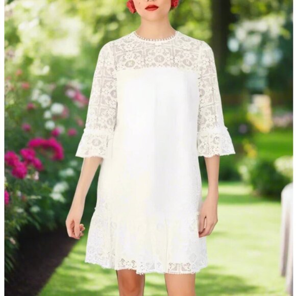 Kate Spade Mini Lace Shift Dress 00 White Ruffled Flounced Hem Floral Lace Lined - Picture 4 of 14